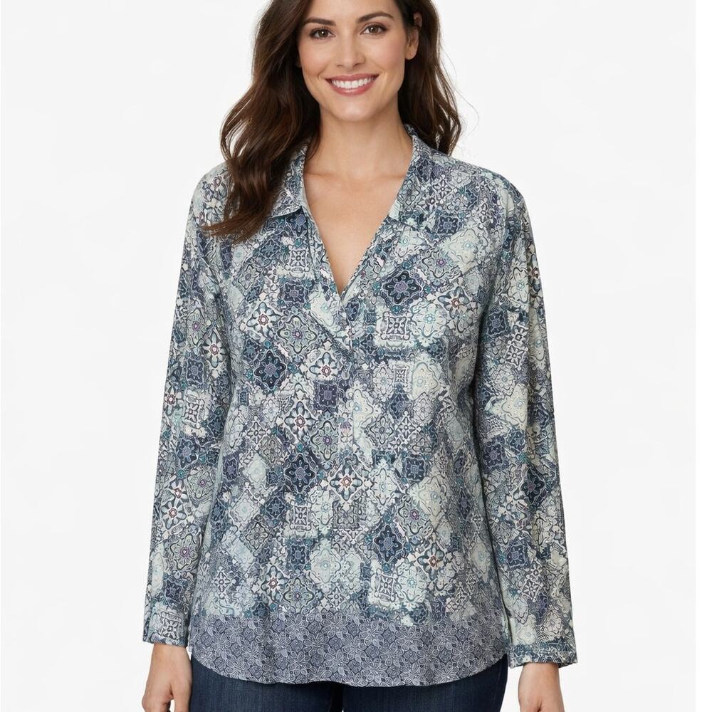 J. Jill Medallion Border Tunic Womens XL Blue Purple Long Sleeve Button Top